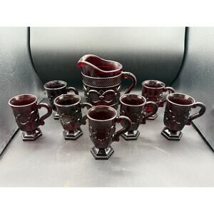 Vintage Avon Cape Cod Ruby Red Glass Footed Mugs with Matching Pitcher